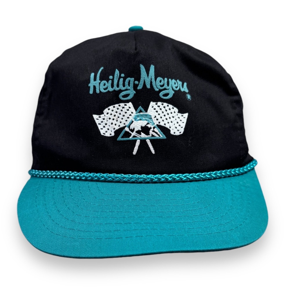 Vintage Heilig Meyers Furniture Embroidered Snapback Hat Black Teal Nissin‎ Cap